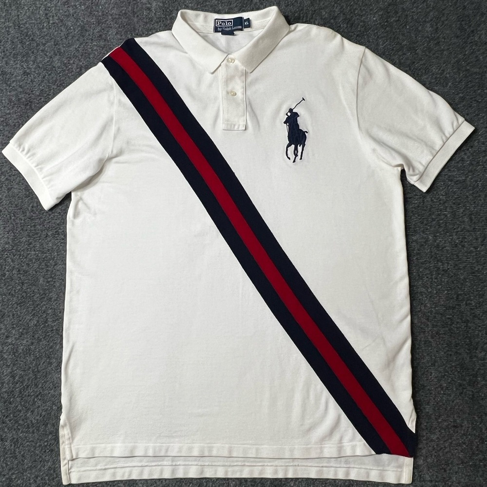 Vtg Polo Ralph Lauren Big Pony Polo Shirt Men's XL White Blue Red Sash Stripe